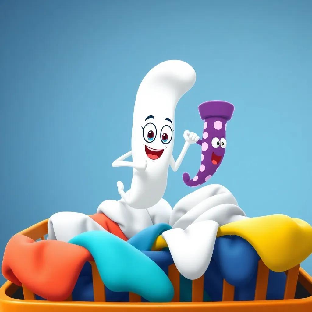 Ernest the sock with Red Stripe and Polka Dot, all looking determined, racing through a big laundry basket, colorful socks jumping over clothes, cheerful expressions, fun cartoon style, bright colors