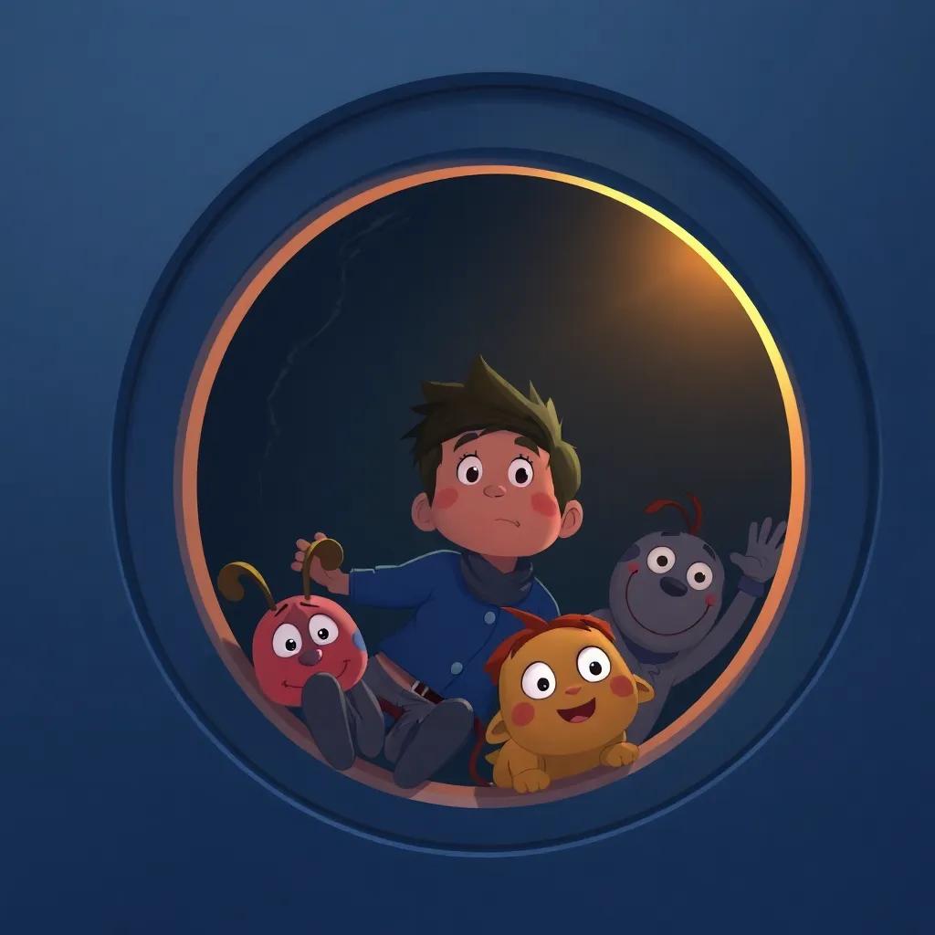 Ernest and his friends sliding under a washing machine, looking brave, dark shadows with little light peeking through, suspenseful but friendly atmosphere, whimsical illustration, child-friendly