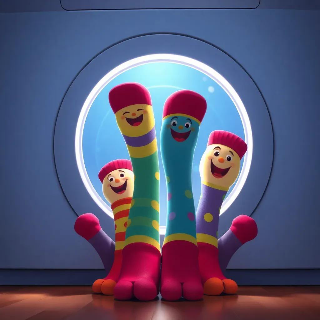 The socks reaching a bright light under the door, their faces full of excitement, under the washing machine, colorful and whimsical cartoon style, happy expressions, bright lighting