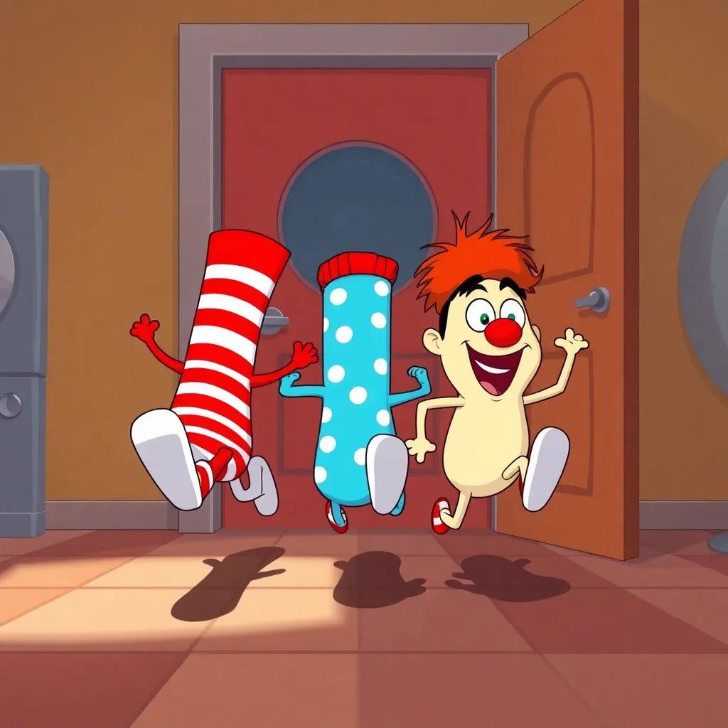 Red Stripe, Polka Dot, and Ernest rushing towards the laundry room door, sock legs stretched out, cheerful colors, illustrative style, colorful and lively atmosphere