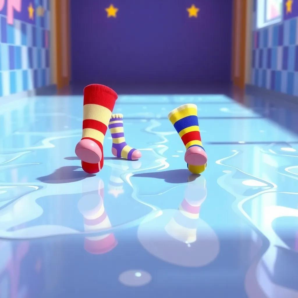A shiny and slippery floor with colorful socks sliding, showing fun poses and laughter, bright child-friendly cartoon scene