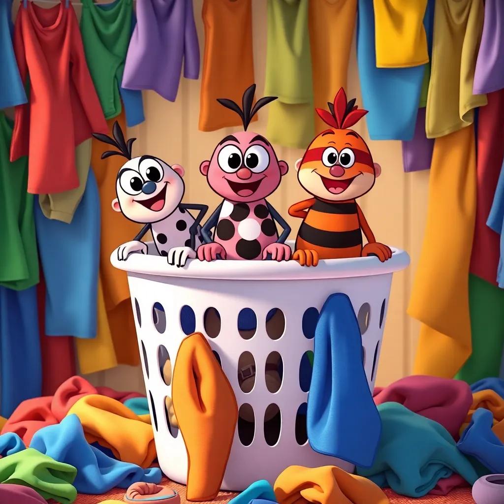 Ernest, Polka Dot, and Red Stripe climbing up a laundry basket, determined looks, colorful laundry all around, cheerful colors and textures, cartoon illustration
