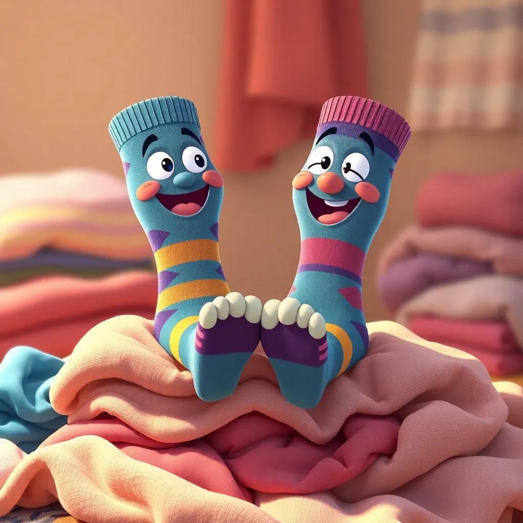 The socks spotting their owner's feet, joyful expressions, sitting on a pile of clean laundry, colorful socks and warm lighting, friendly cartoon style, happy encounter