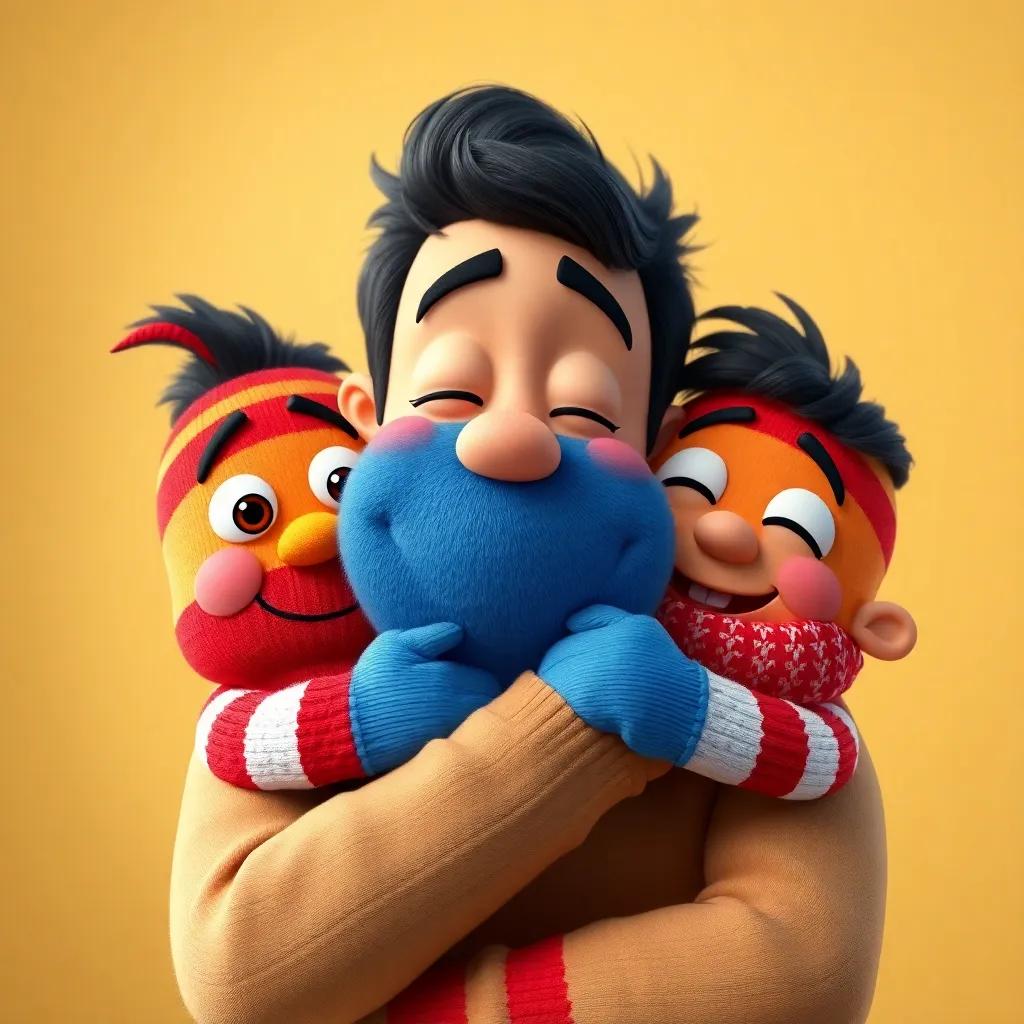 A close-up of Ernest and his sock friends being hugged by their owner, showing love and happiness, cartoonish face illustrations, warm and inviting atmosphere, vibrant colors