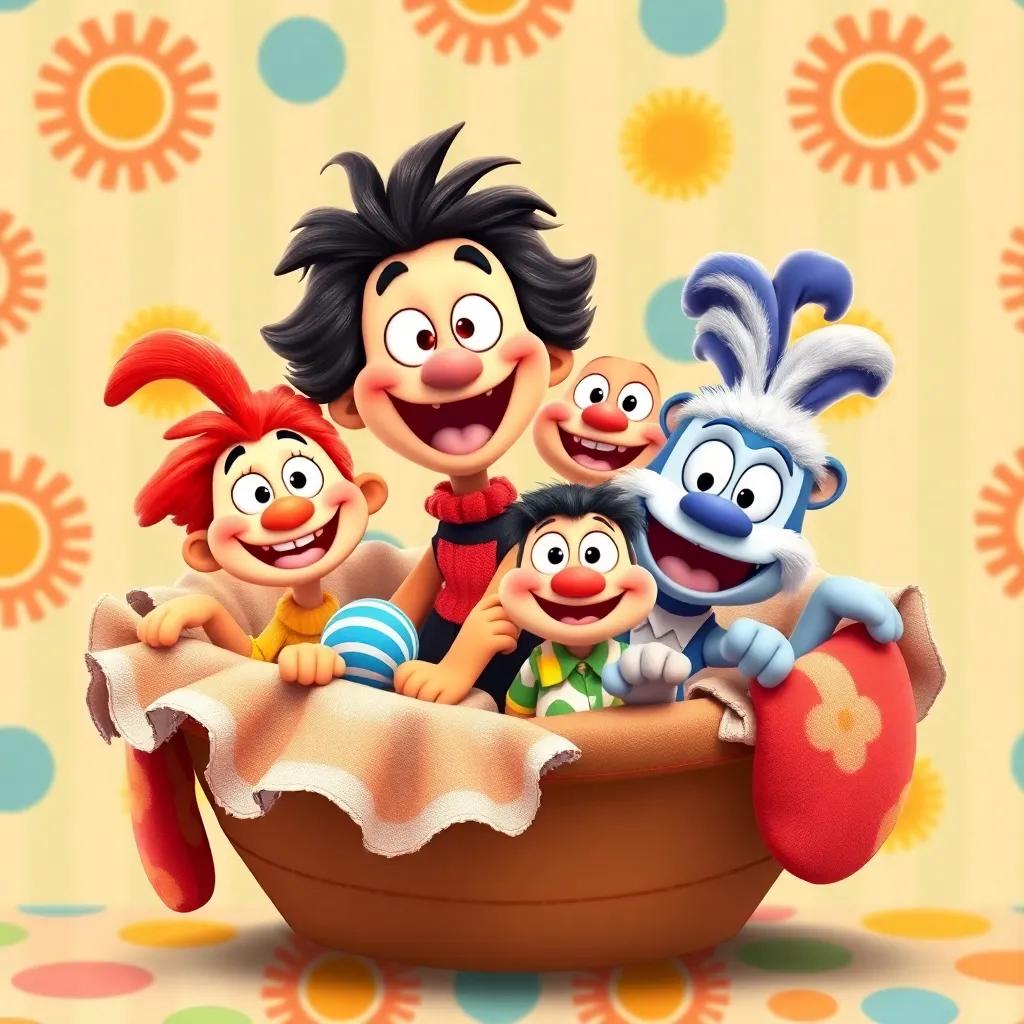 Ernest and friends in the laundry basket, smiling and playful, their adventure spirit alive, colorful patterns and ruffles around them, cheerful illustration style