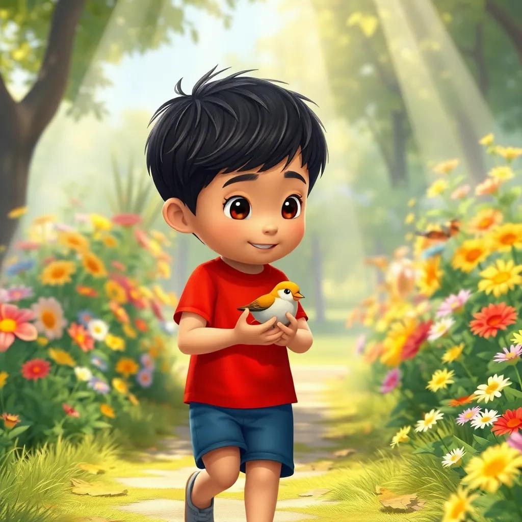 Sim, a young boy with short black hair, wearing a bright red t-shirt and blue shorts, holding a small injured bird in his hands, walking in a sunny garden filled with colorful flowers, rays of sunlight shining down, illustration, nurturing and gentle scene, child-friendly, high quality