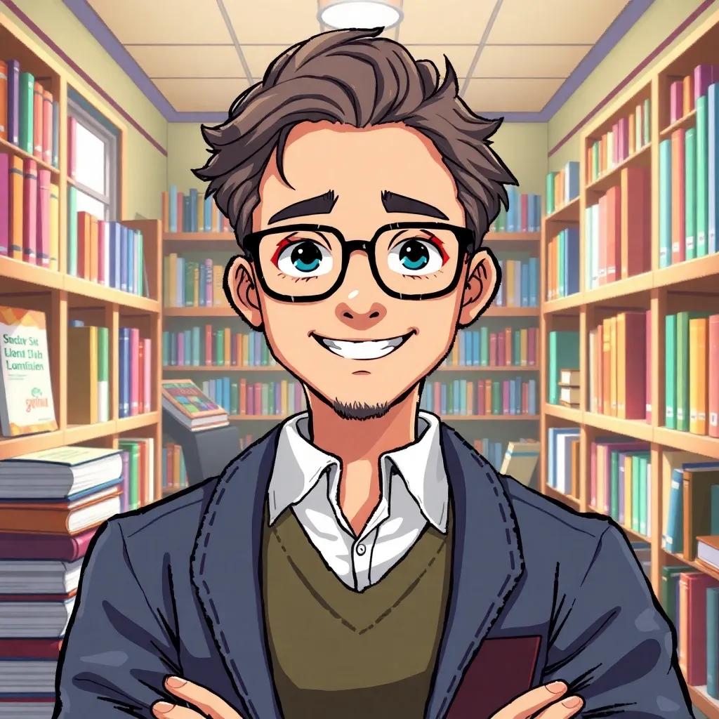 A male librarian, Simon, with glasses and a warm smile, surrounded by books in a cozy school library, bright sunlight filtering through the windows, cheerful atmosphere, vibrant colors, high quality, digital art