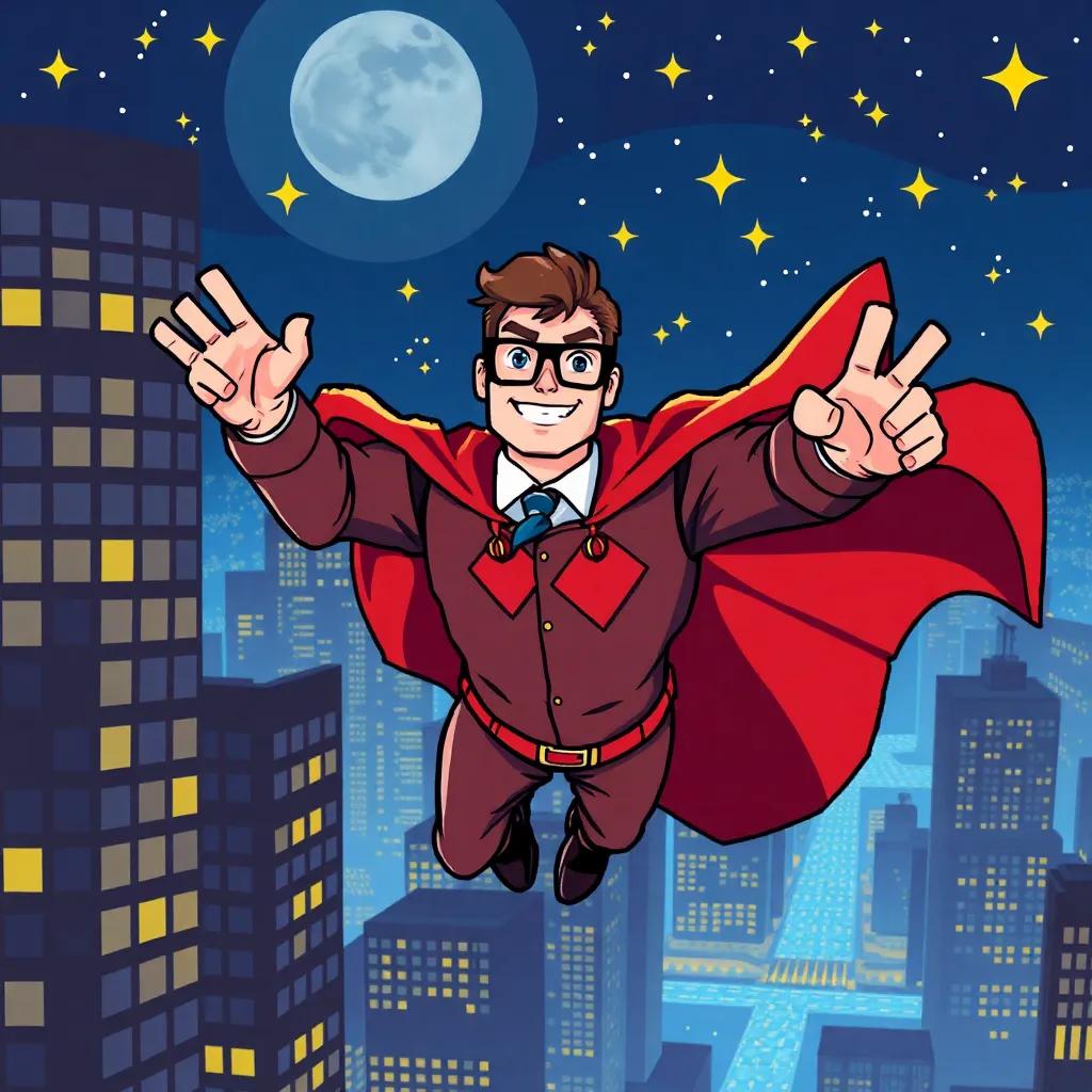 Simon, the male librarian in superhero outfit with a red cape and glasses, flying over the city at night, stars shining brightly, confident expression, action pose, vibrant colors, high quality, dynamic scene
