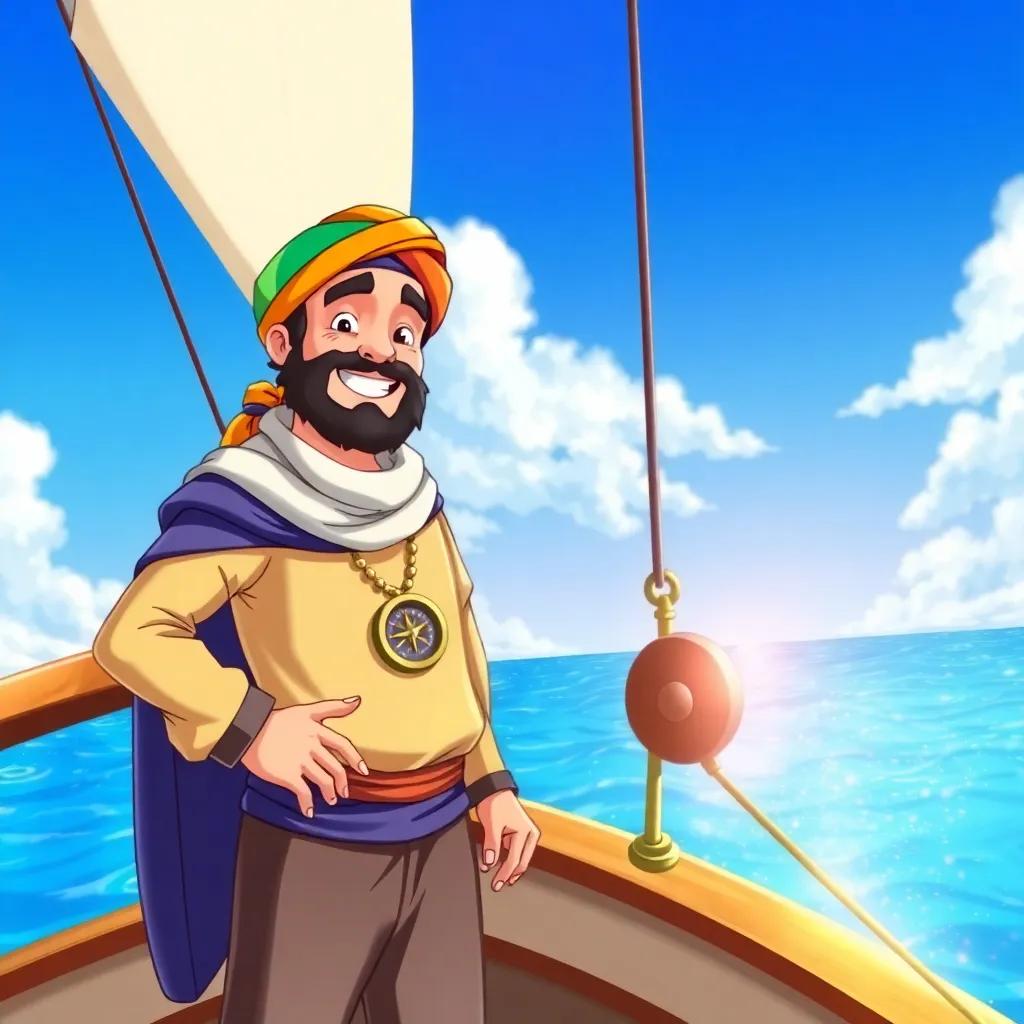 Sinbad the sailor standing on his ship, the Blue Wave, with a bright sky and sparkling sea behind him, wearing a colorful headscarf and sailor's shirt, holding a compass in his hand, cheerful atmosphere, digital art, vibrant colors, high quality