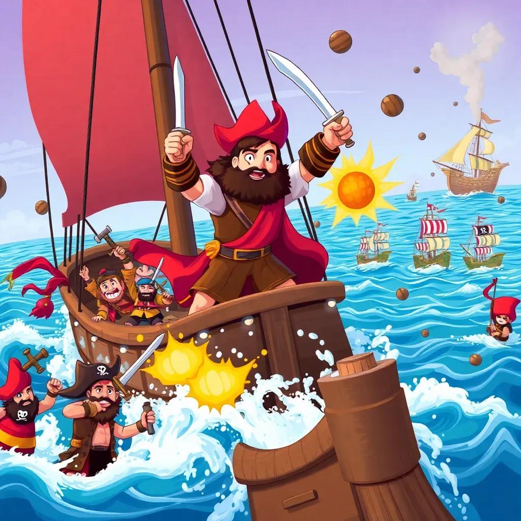 Sinbad leading a battle against pirates on his ship, swords clashing and cannonballs flying, the crew fighting bravely, colorful pirate ships on the horizon, intense action scene, illustration, dynamic colors, child-friendly