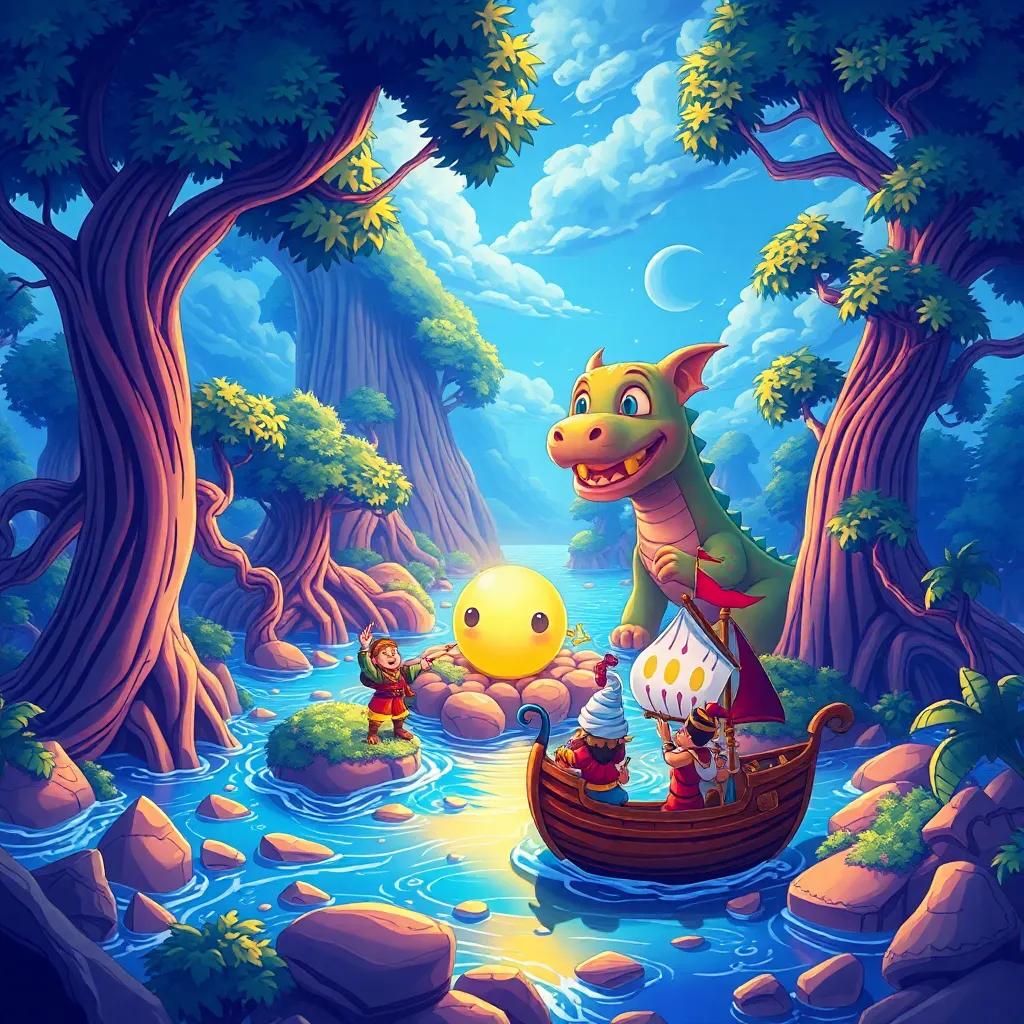 A magical island with giant trees and sparkling rivers, Sindbad with his crew, pointing at a huge shiny pearl, a friendly dragon smiling in the background, colorful and inviting, detailed illustration, child-friendly, whimsical scene