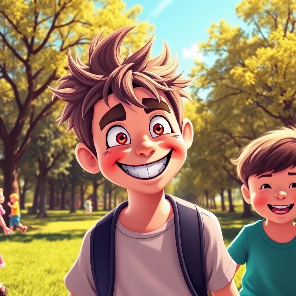 A rude boy, Sinforoso, with scruffy hair and a mischievous grin, teasing kids in a sunny park, trees in the background, digital art, vibrant colors, playful atmosphere, high quality
