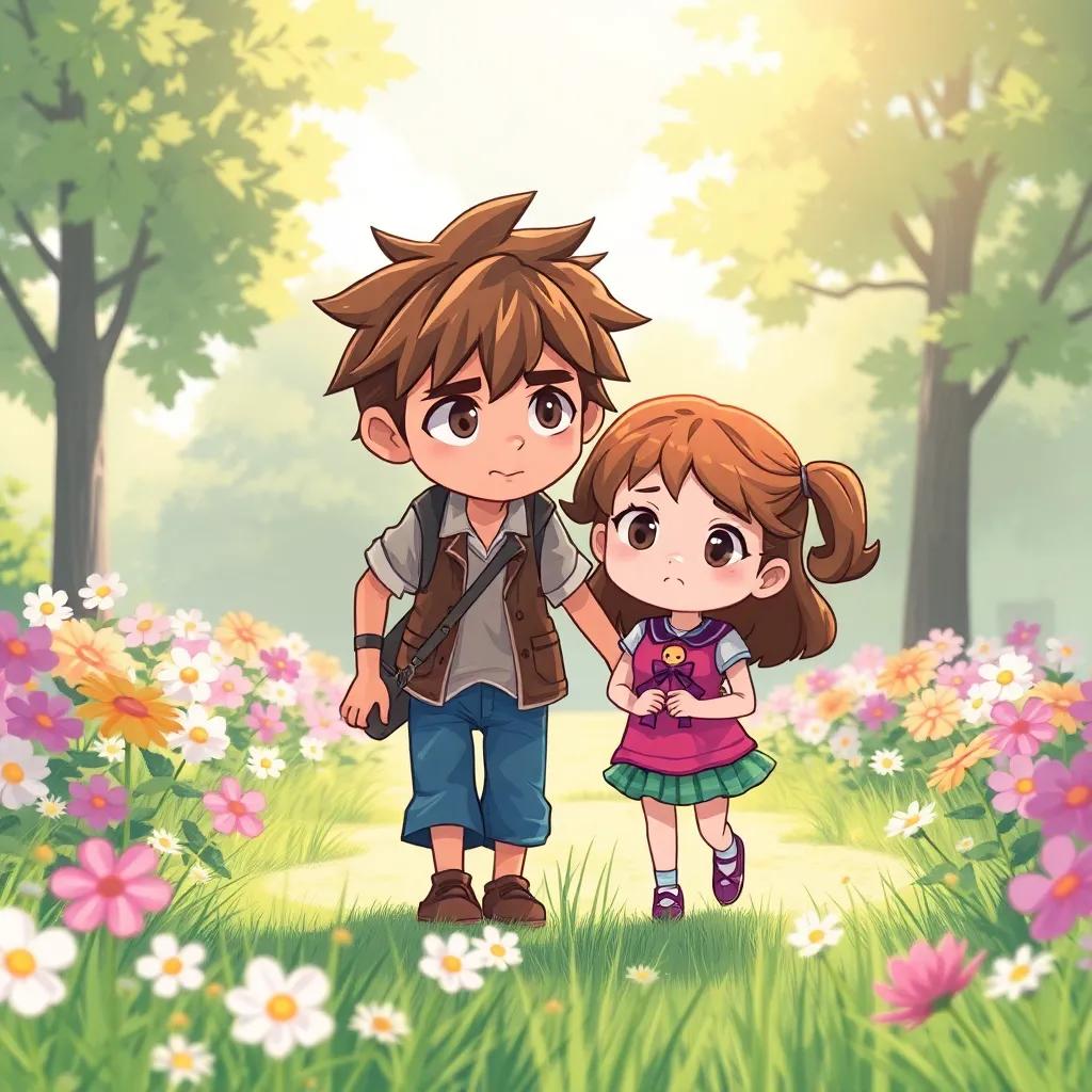 Sinforoso, a rude boy with scruffy hair and a determined look, helping a sad girl searching for her lost doll in a park filled with flowers, bright sunlight, heartwarming scene, digital illustration, cheerful, uplifting quality