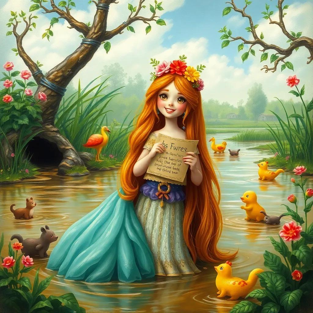A clever princess, Petal, with long, flowing hair in a flower crown, standing in the muddy marshes, smiling as she presents a riddle to Bert, surrounded by lush greenery and friendly creatures, playful, vibrant colors, enchanting scenery, high quality