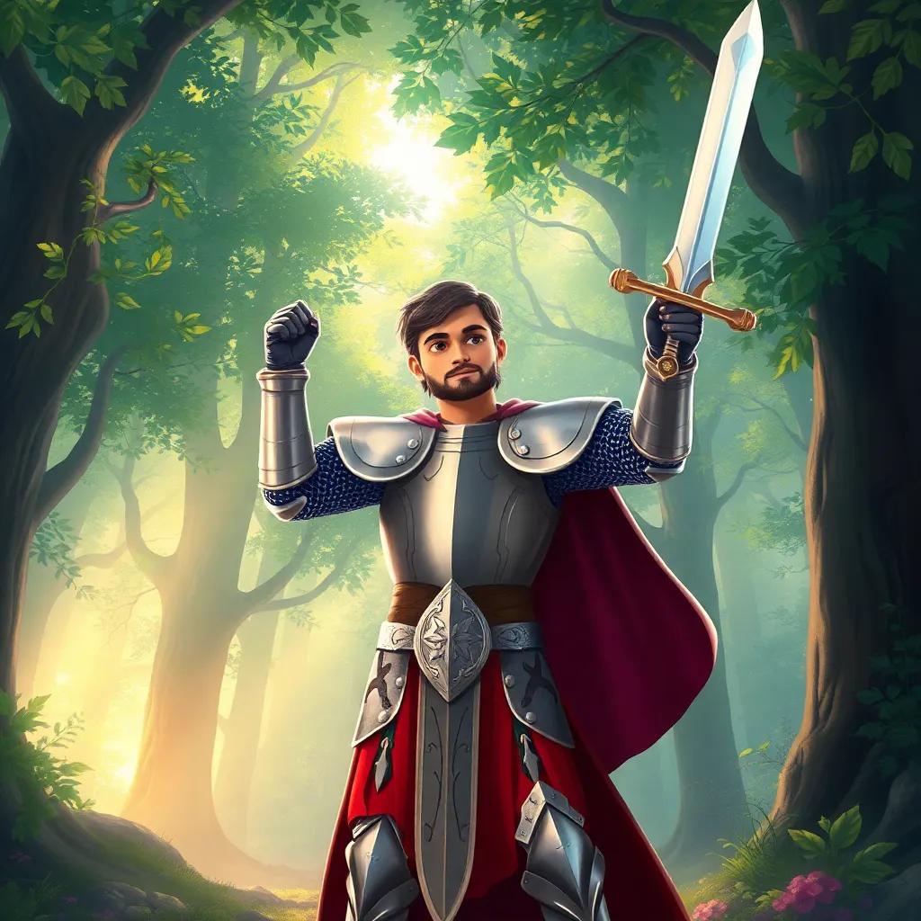 A brave knight, Sir Cedric, in shining armor with a sword held high, standing at the edge of a magical forest with sunlight filtering through the leaves, illustration, vibrant colors, mystical atmosphere, engaging perspective, high resolution