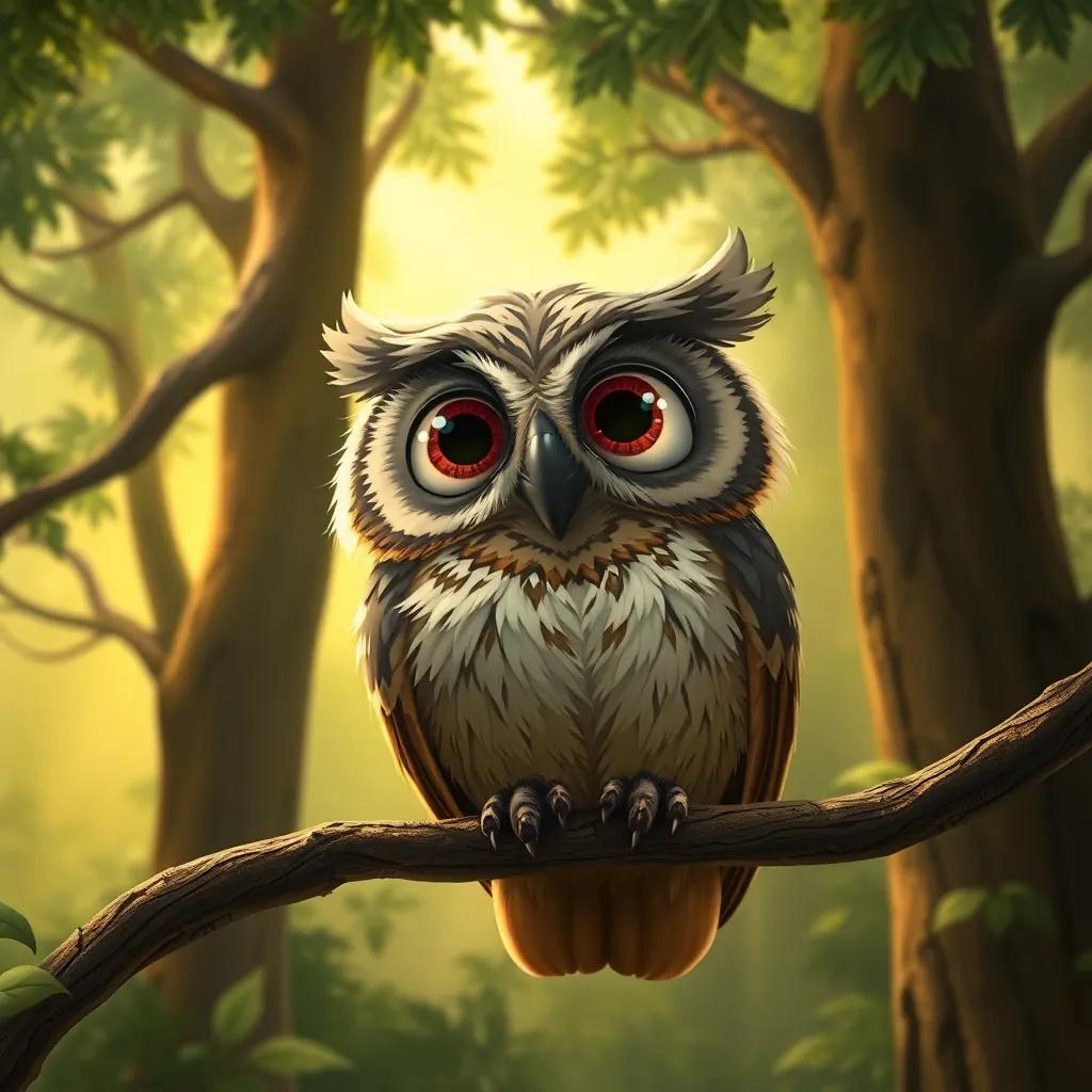 A wise old owl with big, curious eyes perched on a branch in an enchanted forest, with Sir Cedric looking up, focused and thoughtful, digital art, detailed, warm tones, inviting atmosphere, fantasy style