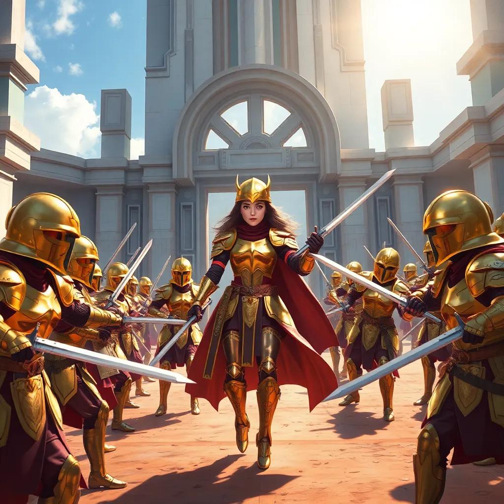 A Battle Sister, Sister Invicta, leaving a futuristic building, surrounded by her fellow Battle Sisters in golden armor, practicing swordplay in a training ground, vibrant sunlight, cheerful, action-packed, child-friendly atmosphere, high quality