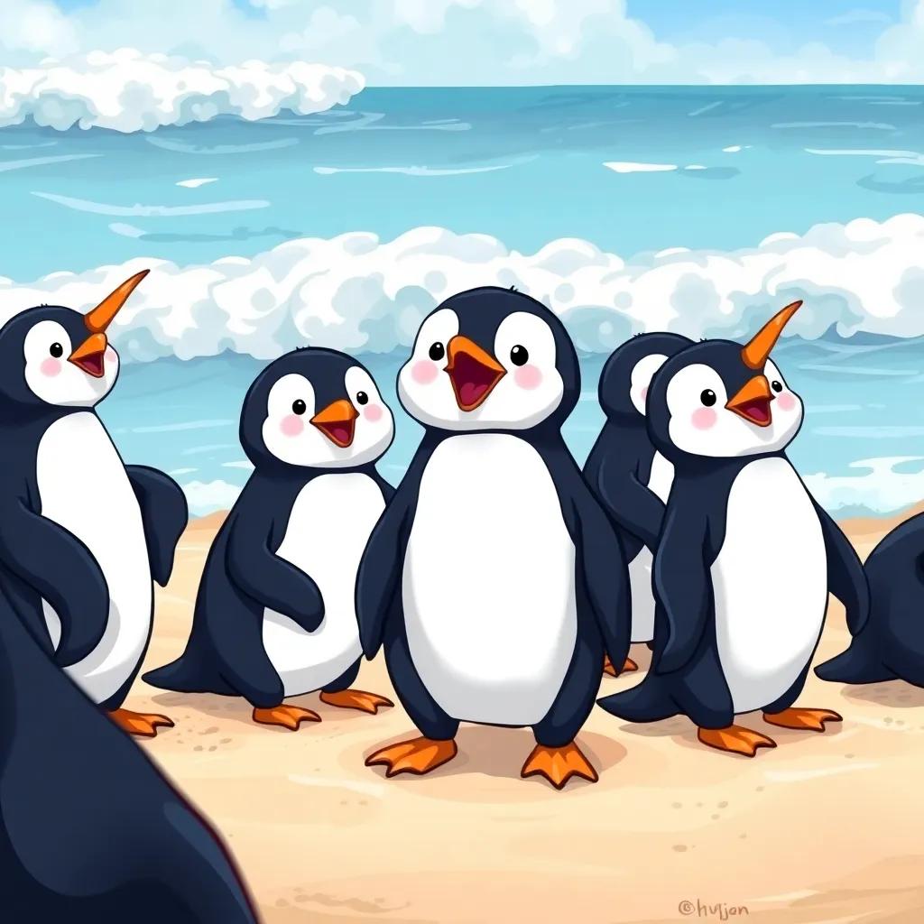 A group of black penguins playing on the beach, looking strong and brave, with waves in the background, cheerful atmosphere, vivid colors, friendly scene, digital art