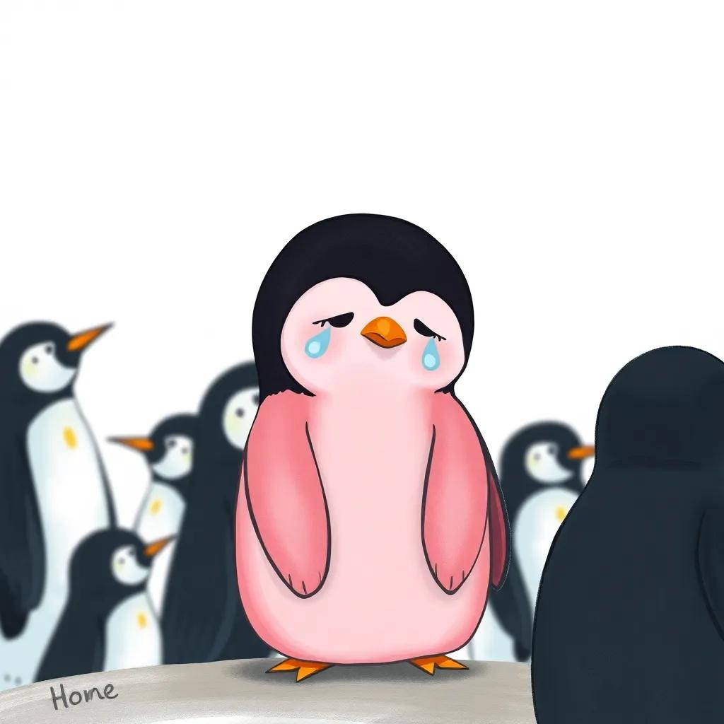 A pink penguin looking sad and alone on the side, with teardrops in its eyes, standing among black penguins in the background, illustrating feelings of loneliness, soft colors, emotional scene