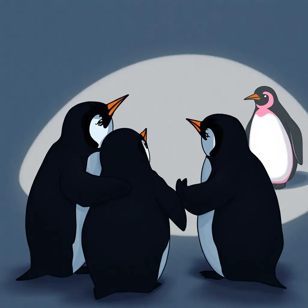 Black penguins huddling together, looking worried and regretful, discussing their earlier actions, with shadows of the pink penguin in the distance, dramatic lighting, deep colors