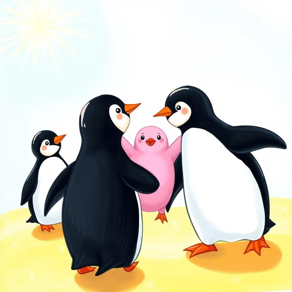 Black penguins approaching the pink penguin with open wings, showing friendship, a bright background with sunlight shining, heartwarming scene, vibrant colors