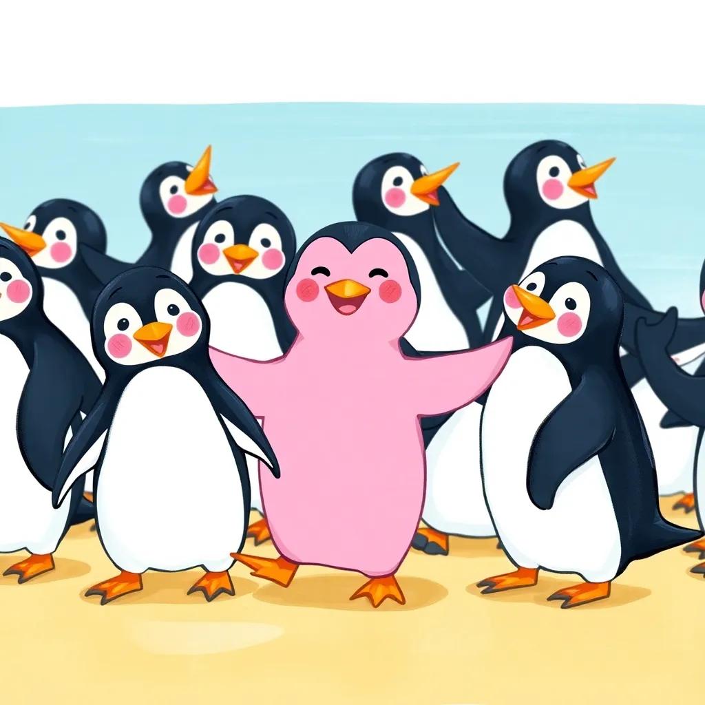 The pink penguin smiling and joining the black penguins, with joyful expressions on their faces, dancing together at the beach, colorful, festive atmosphere, joyous scene