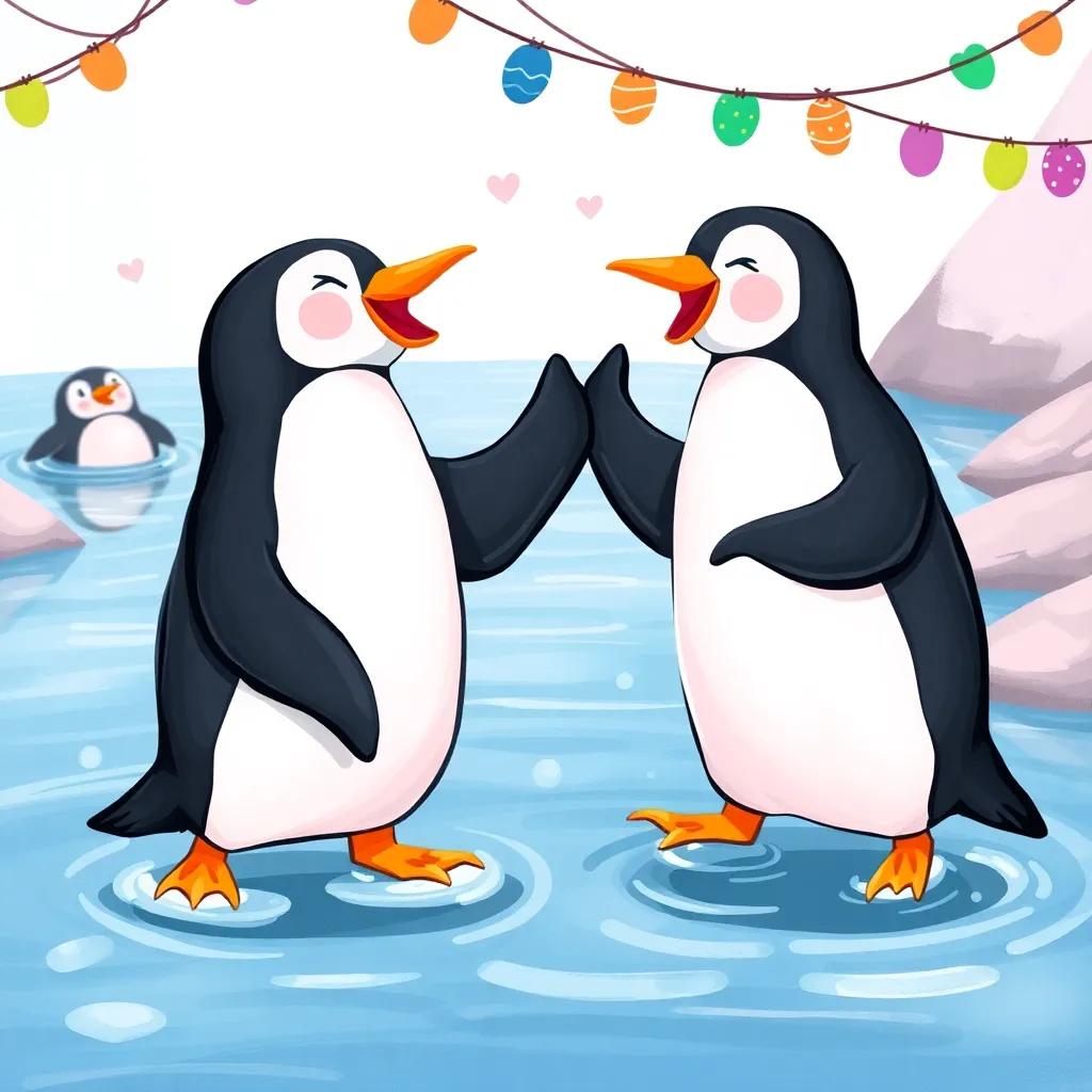 A lively scene with black and pink penguins dancing together by the water, full of laughter and fun, colorful decorations around them, cheerful atmosphere