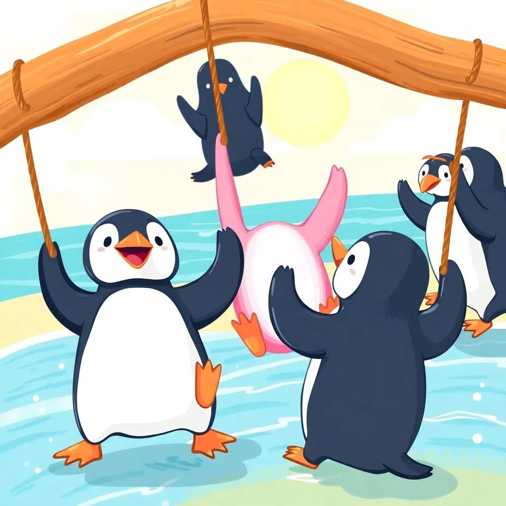 The pink penguin enjoying games with black penguins, swinging joyfully and celebrating their friendship, colorful beach background with bright sunshine, happy mood, playful scene