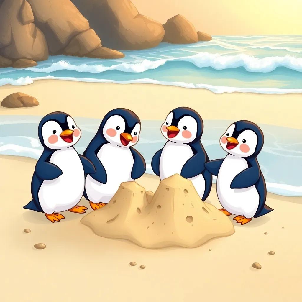 The penguins building sandcastles together on the beach, sharing joy and laughter, with waves gently crashing behind, vibrant scenery