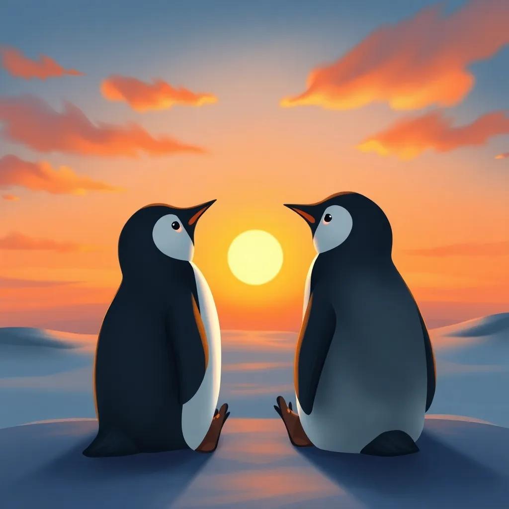 The penguins sitting together at sunset, reflecting on their friendship, with warm colors in the sky, calm and serene atmosphere, touching scene