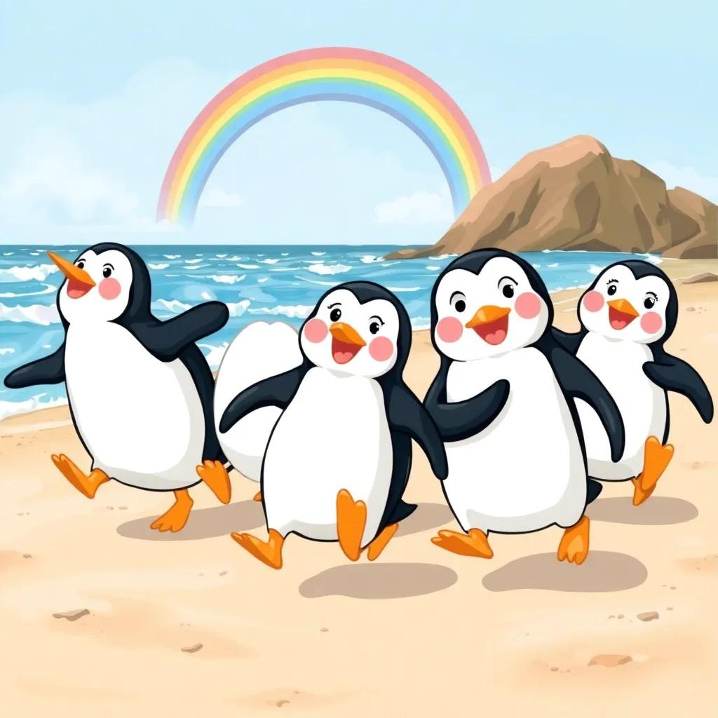 A group of happy penguins running and playing on the beach, with a rainbow above them celebrating their unity, lively colors, joyful image