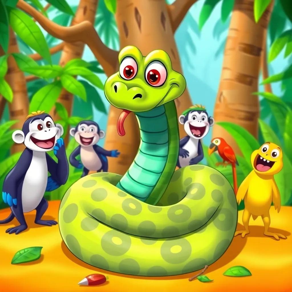 Sly the snake, tangled up in a funny knot, surrounded by laughing jungle friends like monkeys and parrots, bright jungle background, comical and playful, illustration, fun and child-friendly, colorful, high quality
