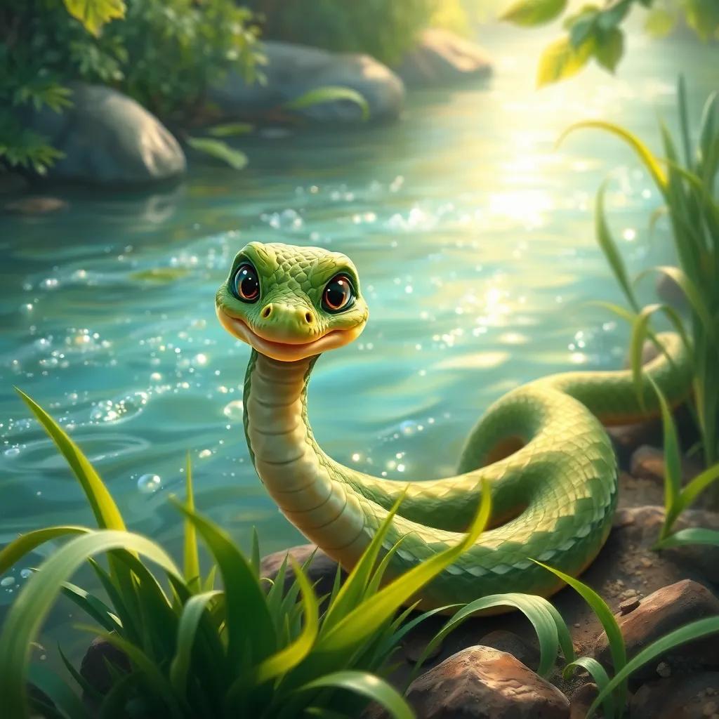 A young snake, Slyther, slithering along the riverbank of a sparkling river, surrounded by lush greenery and reeds, with a curious expression, digital art, vibrant colors, cheerful atmosphere, close-up, high quality
