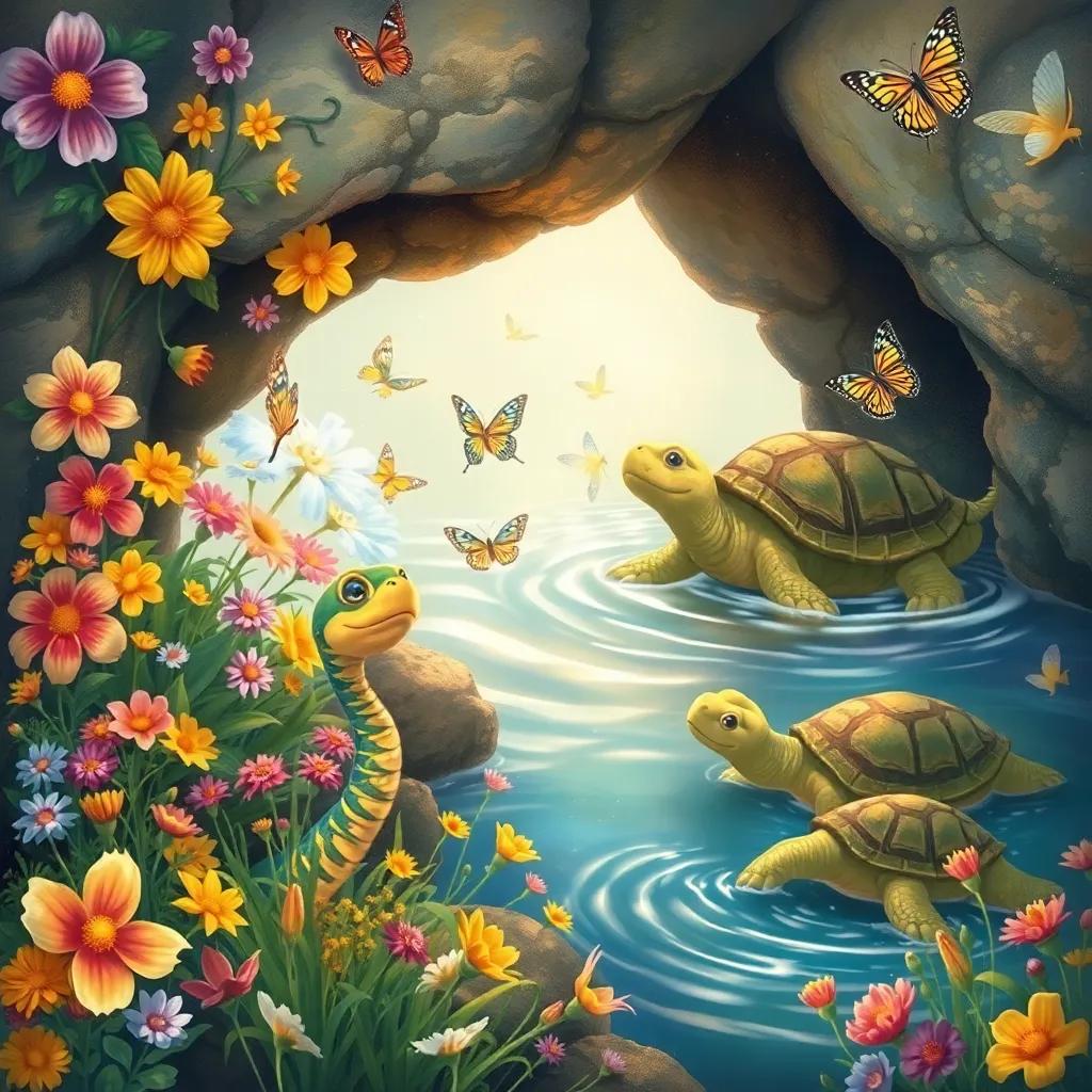 A hidden cove filled with colorful flowers and fluttering butterflies, with Slyther, a young snake, looking amazed, and Mrs. Turtley, a wise old turtle, surfacing from the water, illustration, lively and magical, child-friendly, bright colors, warm light, high quality
