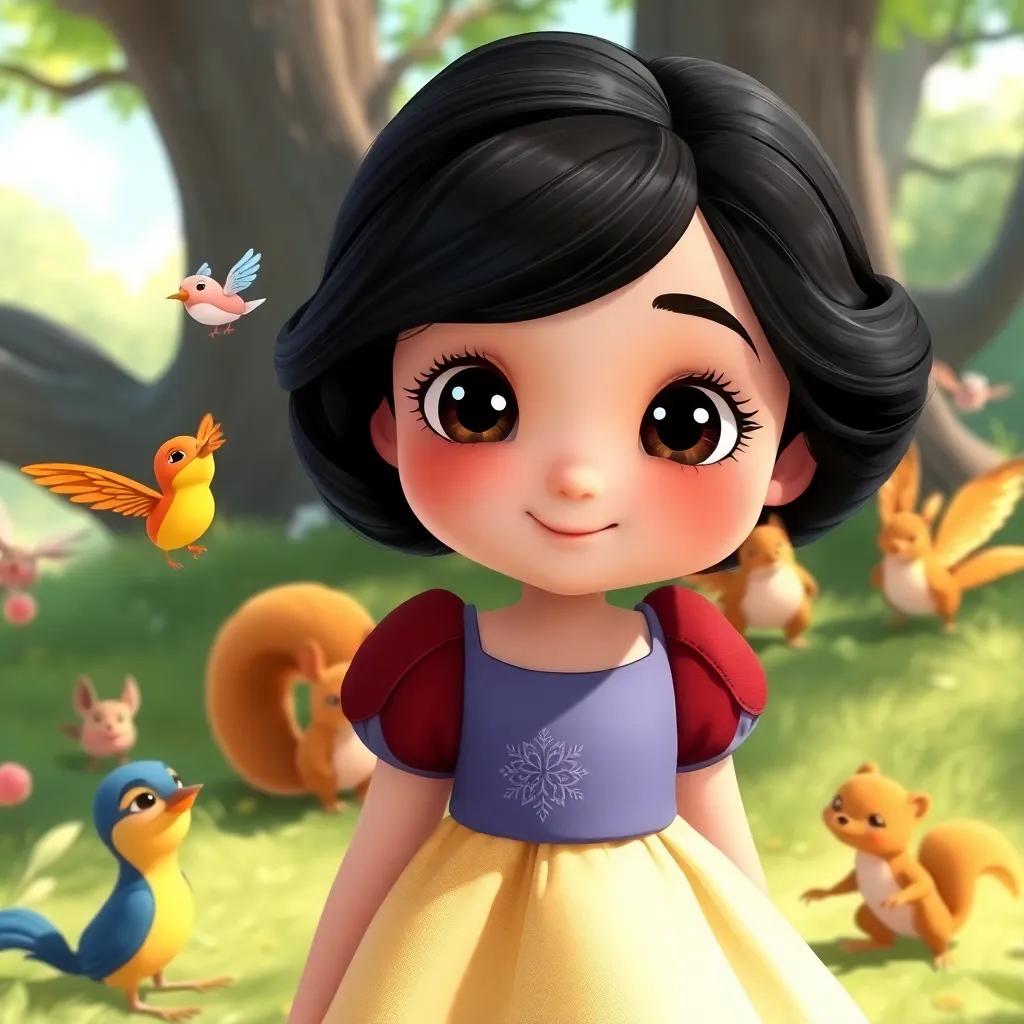 A young girl, Snow White, with dark hair and fair skin, wearing a simple, beautiful dress, surrounded by cute forest animals like birds and squirrels, bright sunny day, playful atmosphere, warm colors, cheerful scene, high quality
