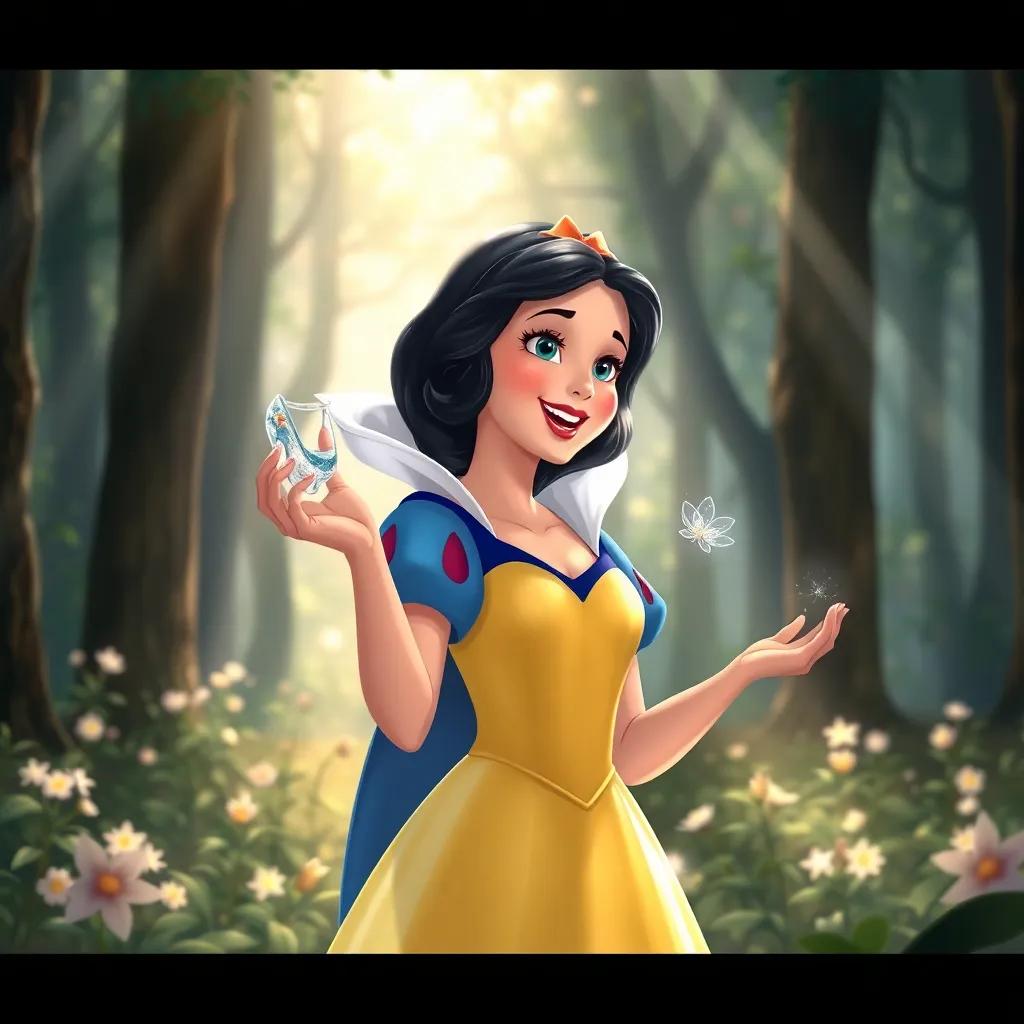 Snow White, with dark hair and fair skin, standing excitedly in a forest, holding a glass slipper with a sparkling flower around, sunbeams shining down, light and joyful vibe, captivating moment, detailed art