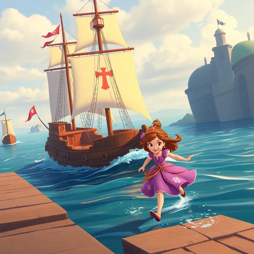 Um navio pirata ancorado no porto, com velas brancas e uma bandeira pirata, enquanto Sofia, a princesa, corre em direção ao barco, alegre e entusiasmada, ambiente marinho, ilustração, colorida, alegre, perspectiva ampla, qualidade alta