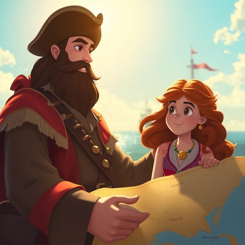 Um capitão pirata alto e engraçado, com barba ruiva e um chapéu engraçado, ensinando Sofia sobre o mapa do tesouro, sob o sol brilhante, atmosfera amigável, digital painting, vibrante, cheia de vida, foco nítido, alta qualidade