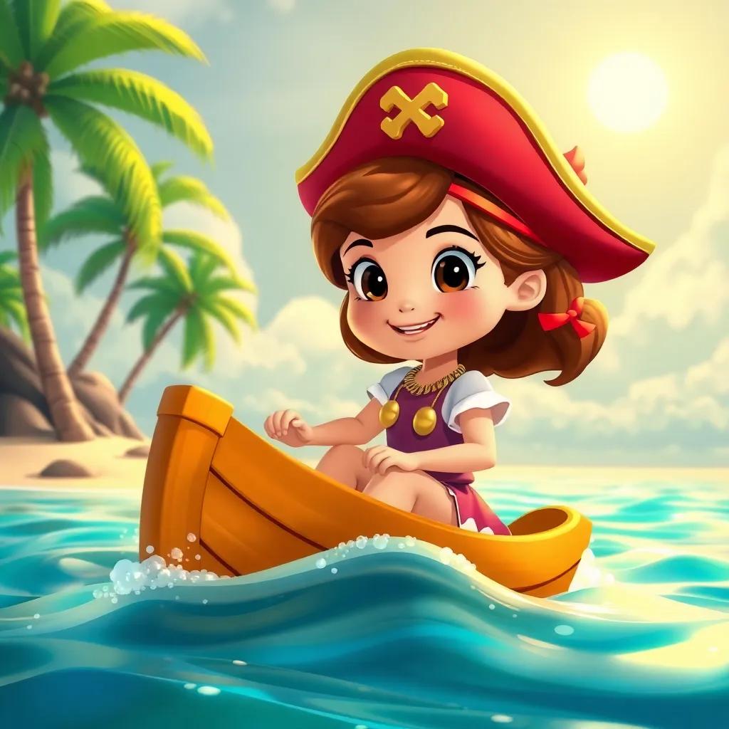 Sofia, a pequena pirata, e a tripulação sorridente, cavando na areia de uma ilha tropical, com palmeiras e um sol radiante, ilustração, colorida, alegre, ao estilo de uma aventura infantil, qualidade alta