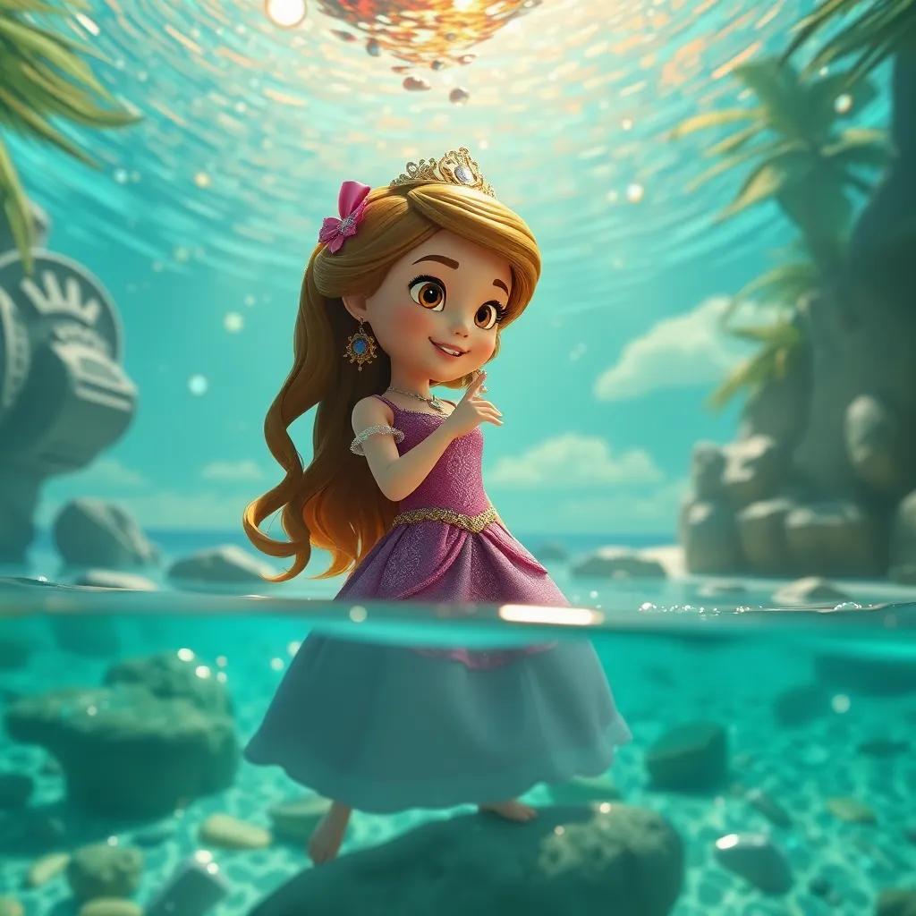 Sofia, segurando um baú misterioso, com pedras brilhantes dentro, cercada por piratas felizes dançando na praia tropical, digital art, vibrante, caloroso, iluminação suave, perspectiva de baixo ângulo, alta qualidade