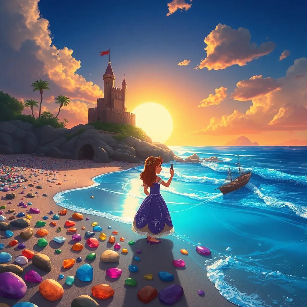 A praia iluminada pelo pôr do sol, com Sofia voltando para o castelo, com as pedras coloridas em suas mãos, e os piratas acenando em despedida ao fundo, ilustração, nostálgica, mágica, qualidade alta