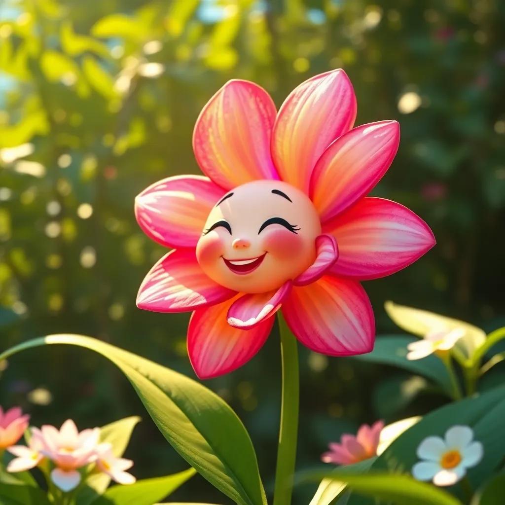 Uma flor mágica, com pétalas coloridas de arco-íris, sorrindo para Sofia, em um jardim ensolarado, surrounded by bright light, whimsical, cheerful, child-friendly