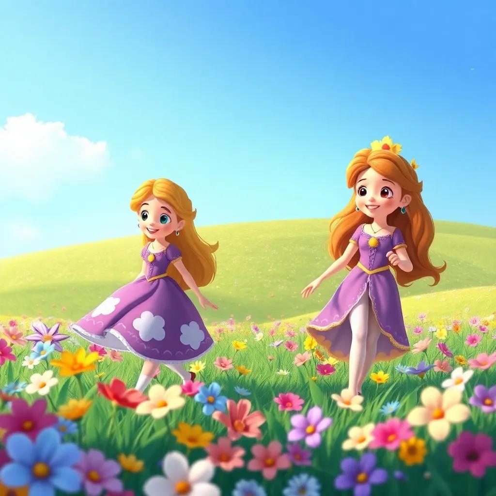 Sofia e a Flor Mágica caminhando em campo florido, flores de várias cores ao fundo, com um céu azul claro, illustration, bright colors, cheerful mood, vibrant scene