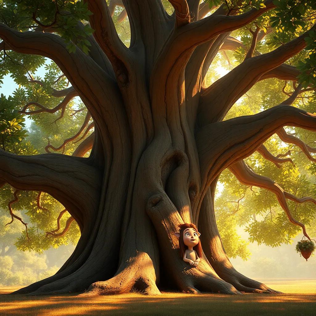 Uma grande árvore, com tronco largo e folhagem espessa, olhando para Sofia e a Flor Mágica com olhos sábios, digital art, warm light, inviting atmosphere, beautiful composition