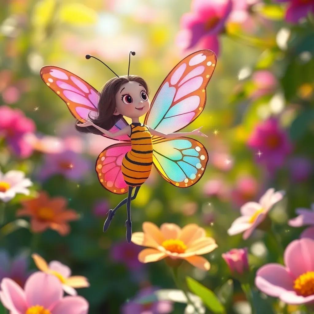 Uma borboleta colorida, com asas brilhantes, dançando ao redor de Sofia e a Flor Mágica, em um cenário florido, cheerful and lively, bright sunlight, high quality