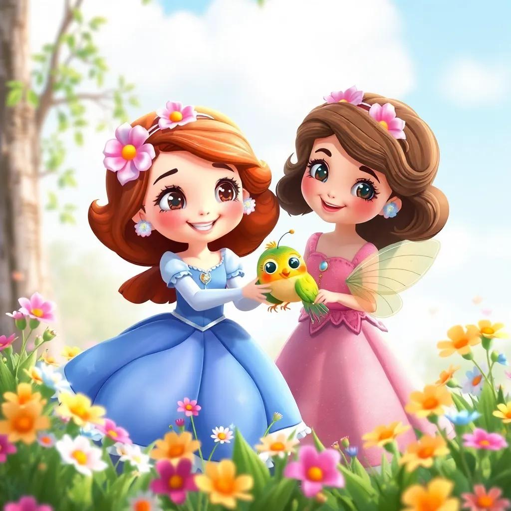 Sofia, a Flor Mágica e a Borboleta Alegre brincando juntas no campo, rodeadas de flores e risos, illustration, joyful mood, vibrant colors, heartwarming scene