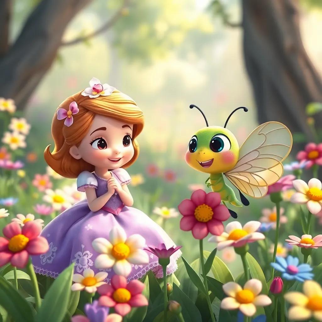 Sofia, a Flor Mágica e a Borboleta alegre fazendo novas amizades com mais flores, em um campo mágico, whimsical and cheerful, bright and colorful atmosphere, digital art