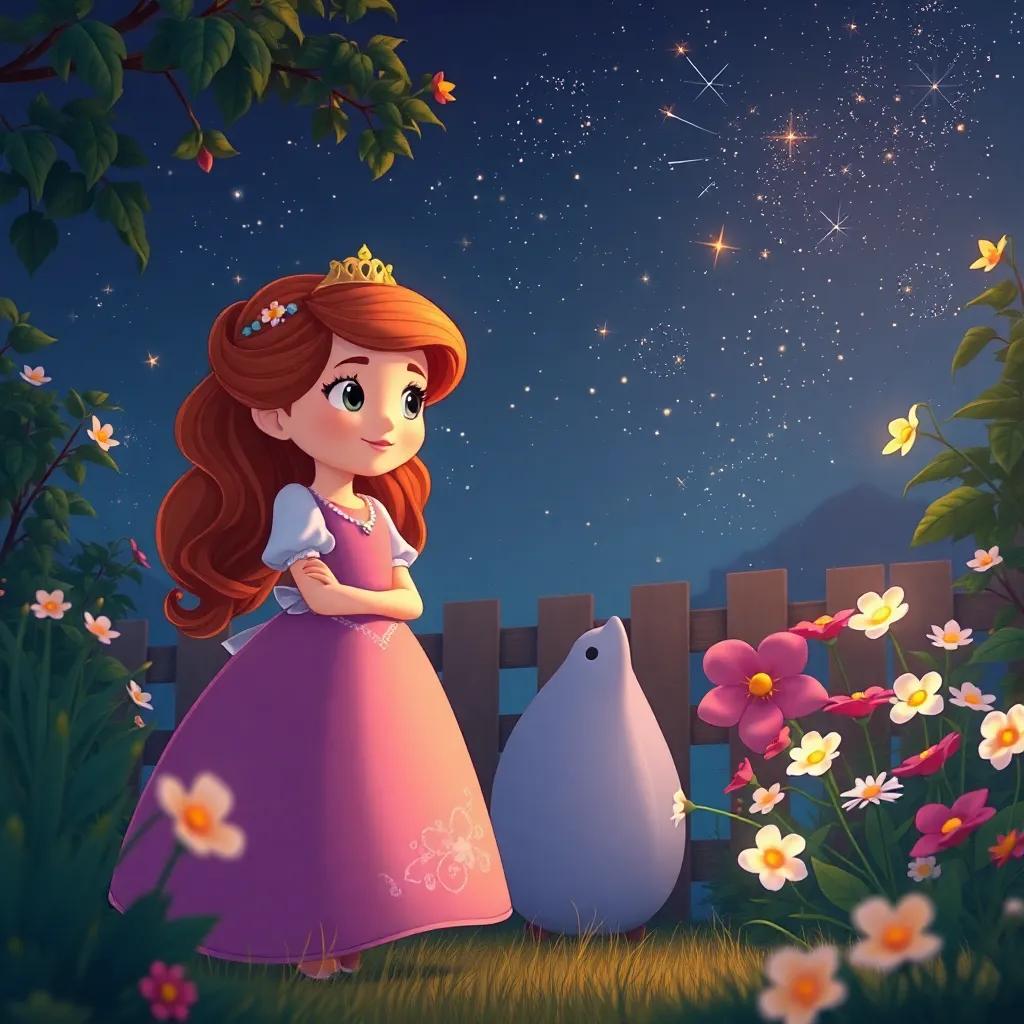 A noite chegando no jardim, com Sofia e a Flor Mágica olhando para as estrelas, flores brilhando ao redor, illustration, warm light, lovely atmosphere, beautiful night sky