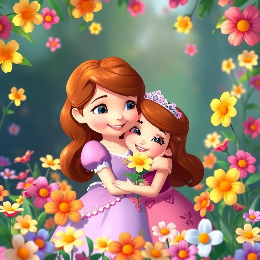 Sofia e a Flor Mágica em um abraço, feliz após um dia de aventuras, surrounded by colorful flowers, heartwarming, joyful mood, bright colors