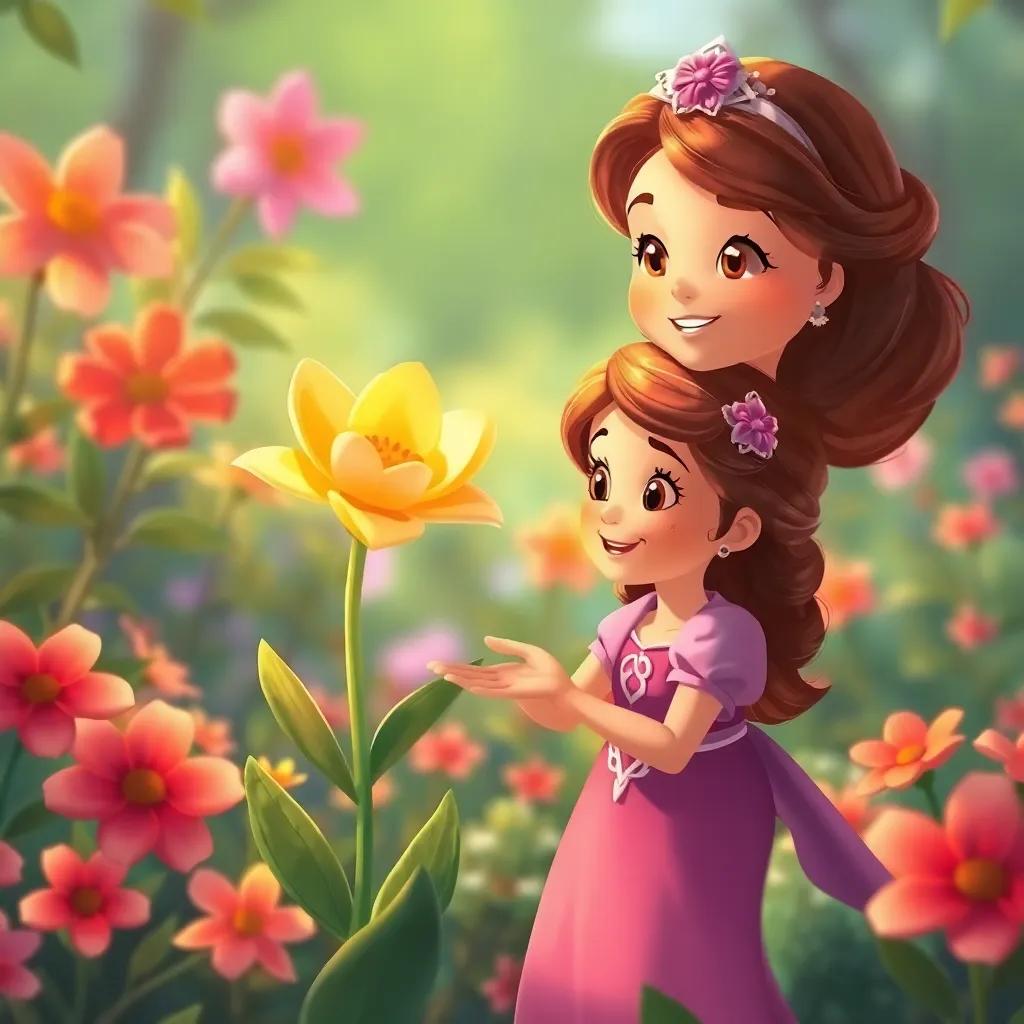 Sofia, a menina alegre, prometendo cuidar da natureza, segurando a Flor Mágica com amor, in a vibrant garden, illustration, warm colors, emotional scene
